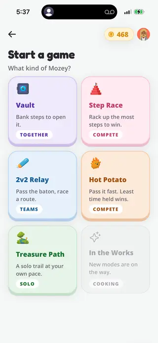 Starting a game, choosing between Vault, Step Race, 2v2 Relay, Hot Potato and Treasure Path, each labelled by how it is played: together, compete, teams or solo.